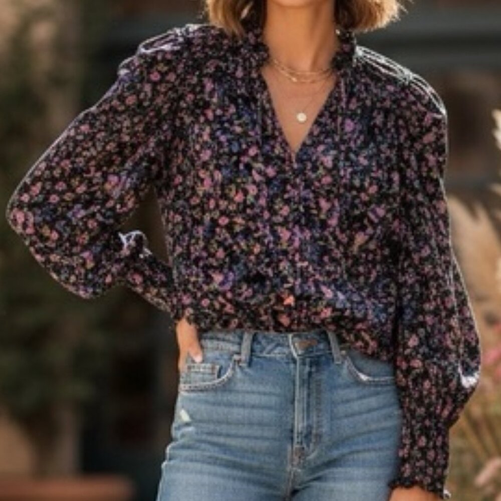 Boho Floral Free People Puff Sleeve Cotton Blouse Black NWT Size XS Extra Small